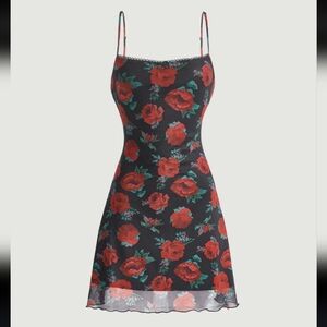 Y2K Romantic Floral Black Red Cami Dress Fully Lined Artsy Art To Wear